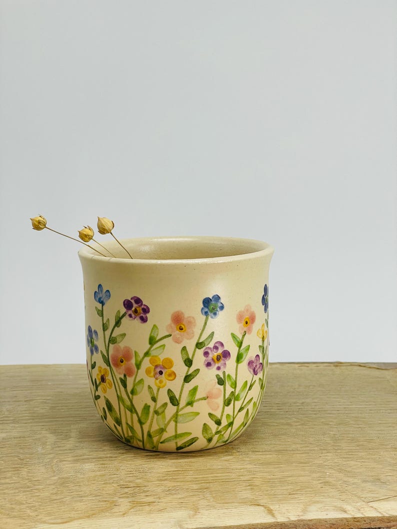 Multiple color flowers, different, small flower mug, flower mug, multicolored