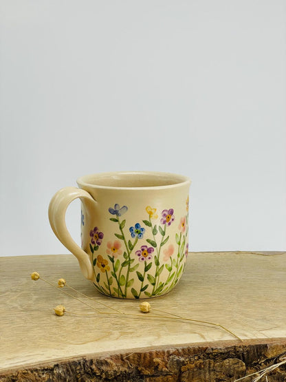 Multiple color flowers, different, small flower mug, flower mug, multicolored
