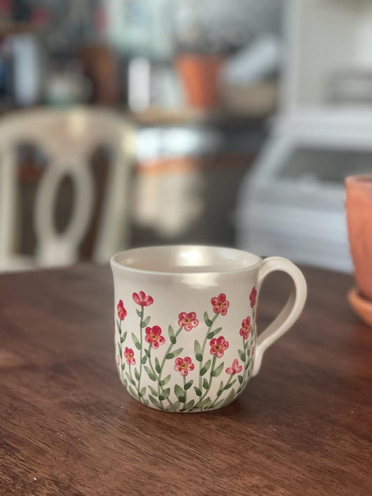 Red small flowers, forget me not pottery mug, red mug, small floers mug, flower mug