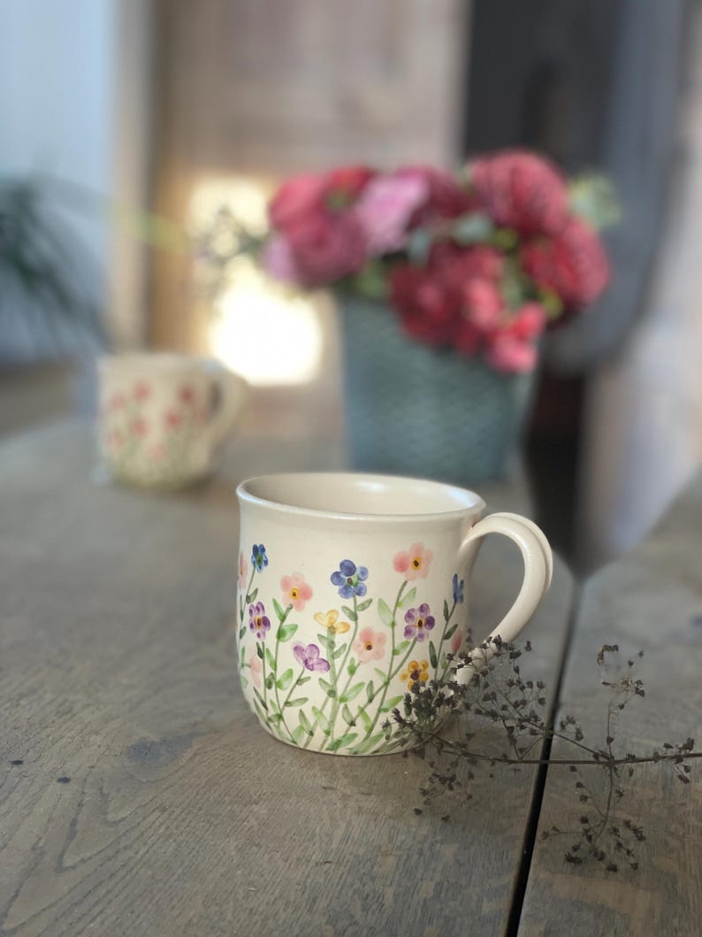 Multiple color flowers, different, small flower mug, flower mug, multicolored