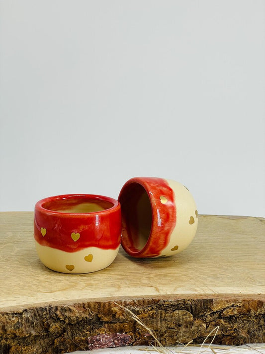 Ceremonial cocoa mugs, Espresso tumbler, red, golden hearts, set of two