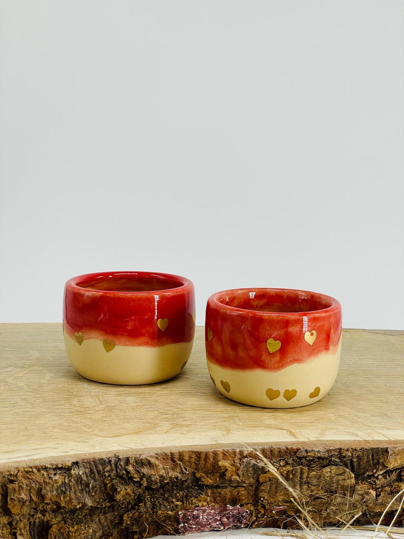 Ceremonial cocoa mugs, Espresso tumbler, red, golden hearts, set of two