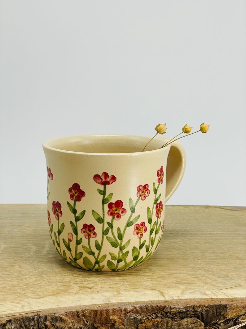 Red small flowers, forget me not pottery mug, red mug, small floers mug, flower mug