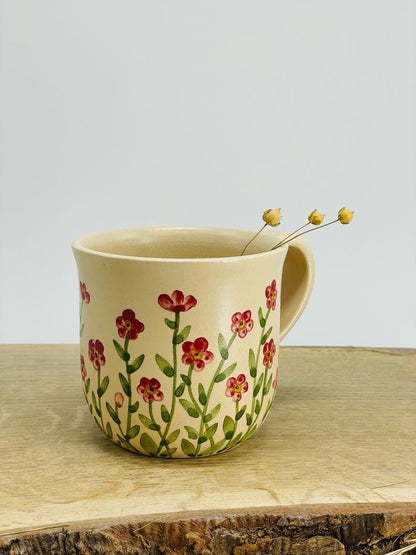 Red small flowers, forget me not pottery mug, red mug, small floers mug, flower mug