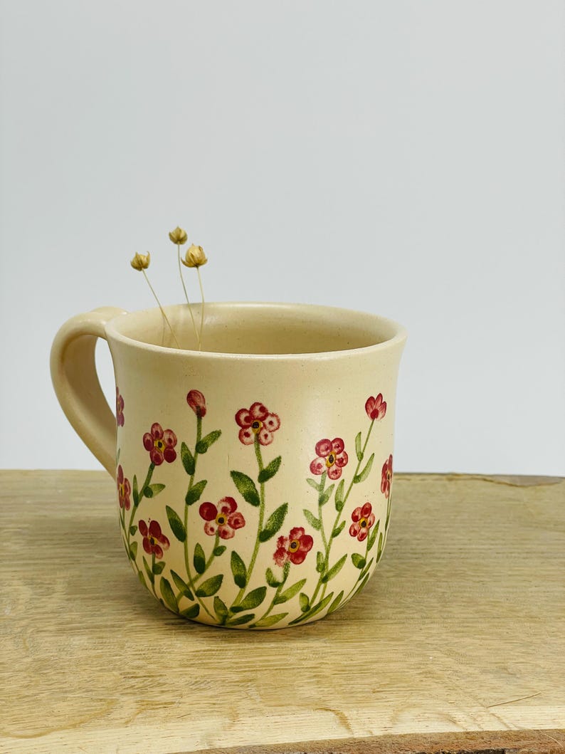 Red small flowers, forget me not pottery mug, red mug, small floers mug, flower mug
