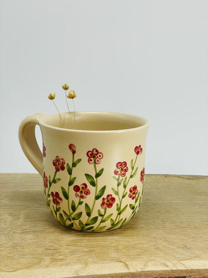 Red small flowers, forget me not pottery mug, red mug, small floers mug, flower mug