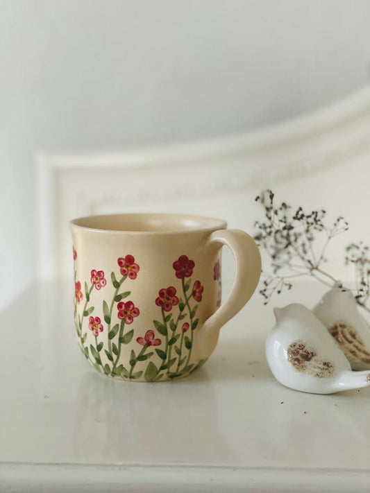 Red small flowers, forget me not pottery mug, red mug, small floers mug, flower mug