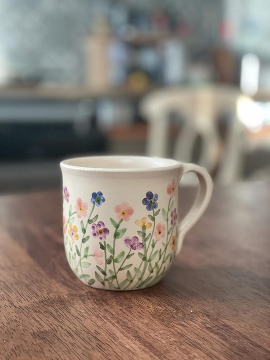 Multiple color flowers, different, small flower mug, flower mug, multicolored