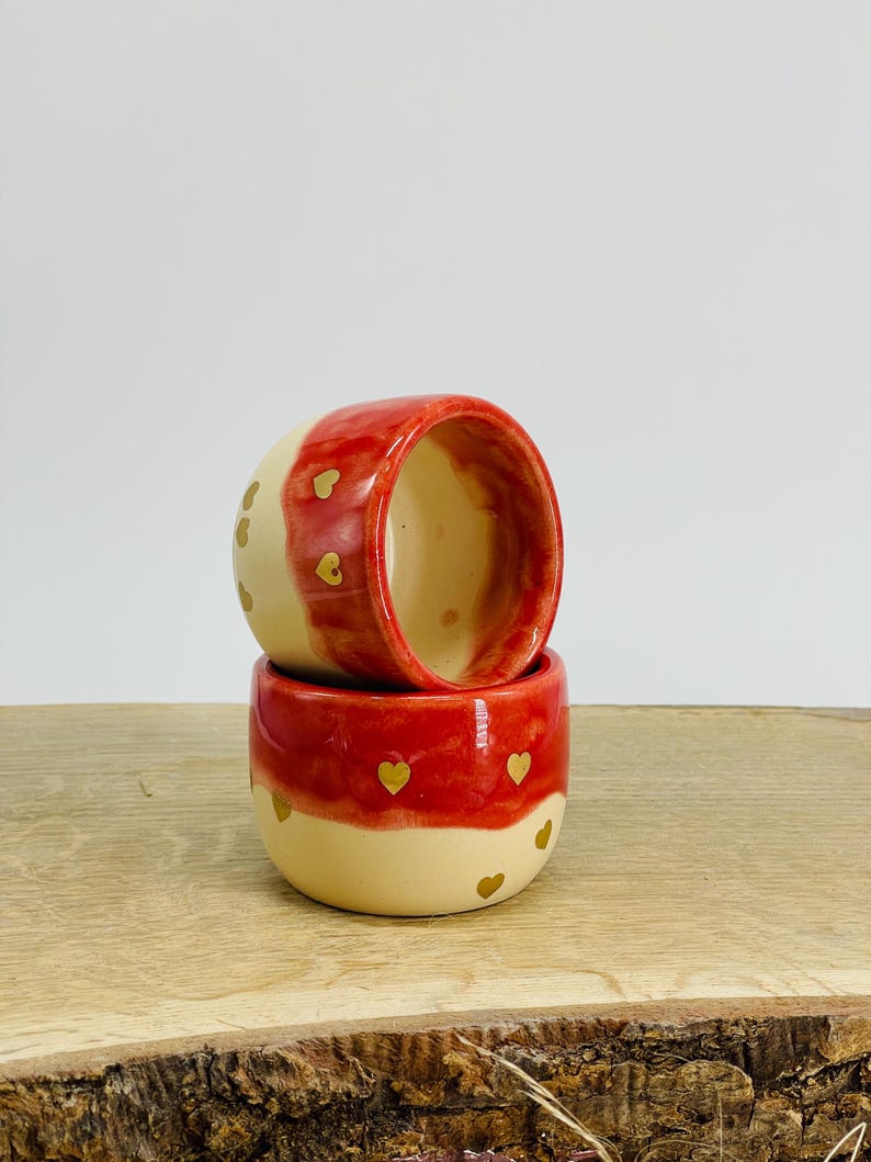 Ceremonial cocoa mugs, Espresso tumbler, red, golden hearts, set of two