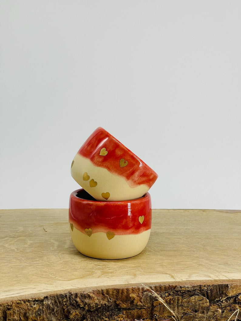 Ceremonial cocoa mugs, Espresso tumbler, red, golden hearts, set of two