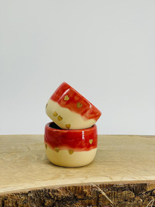 Ceremonial cocoa mugs, Espresso tumbler, red, golden hearts, set of two