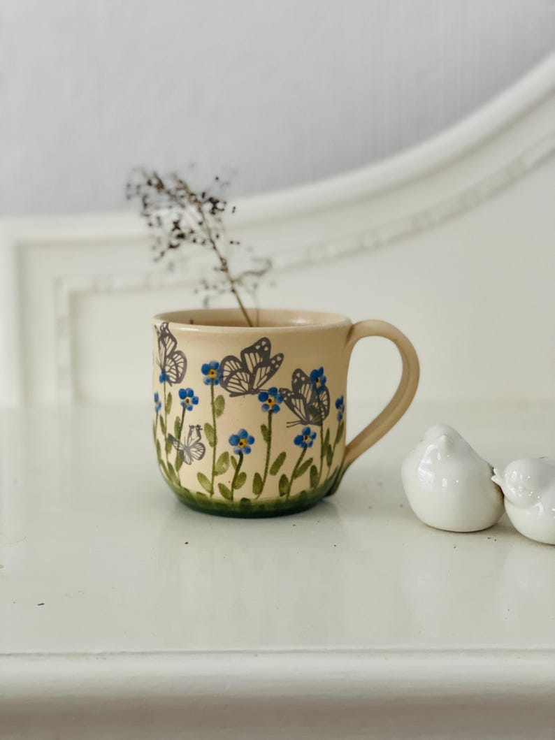 forget me not mug, forget me not pottery mug, blue mug, small floers mug, flower mug