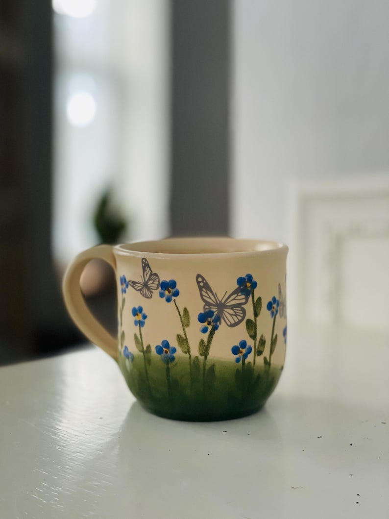forget me not mug, forget me not pottery mug, blue mug, small floers mug, flower mug