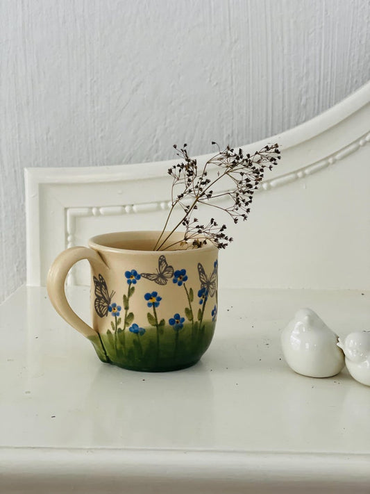forget me not mug, forget me not pottery mug, blue mug, small floers mug, flower mug