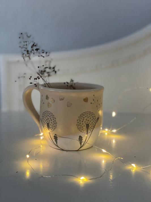Dandelion mug, dandelion pottery mug, yellow mug, handpainted mug, flower mug