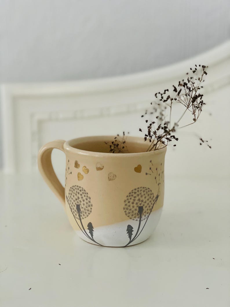 Dandelion mug, dandelion pottery mug, yellow mug, handpainted mug, flower mug