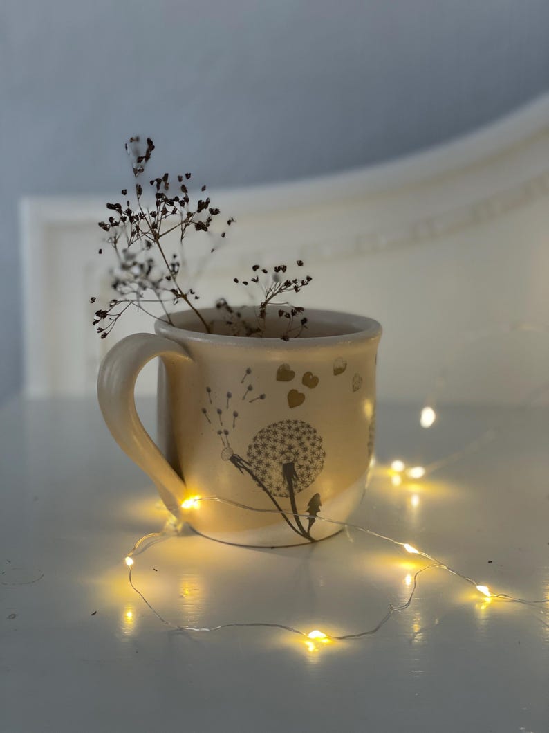 Dandelion mug, dandelion pottery mug, yellow mug, handpainted mug, flower mug
