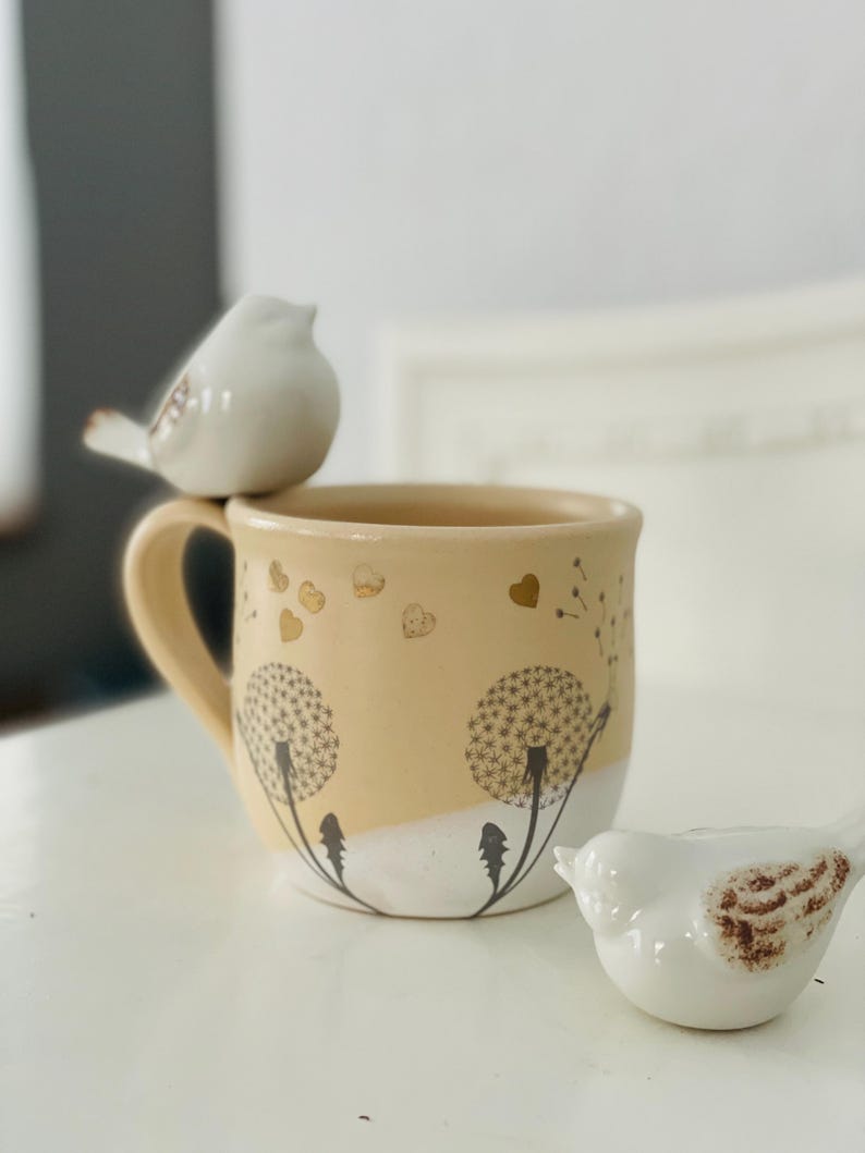 Dandelion mug, dandelion pottery mug, yellow mug, handpainted mug, flower mug