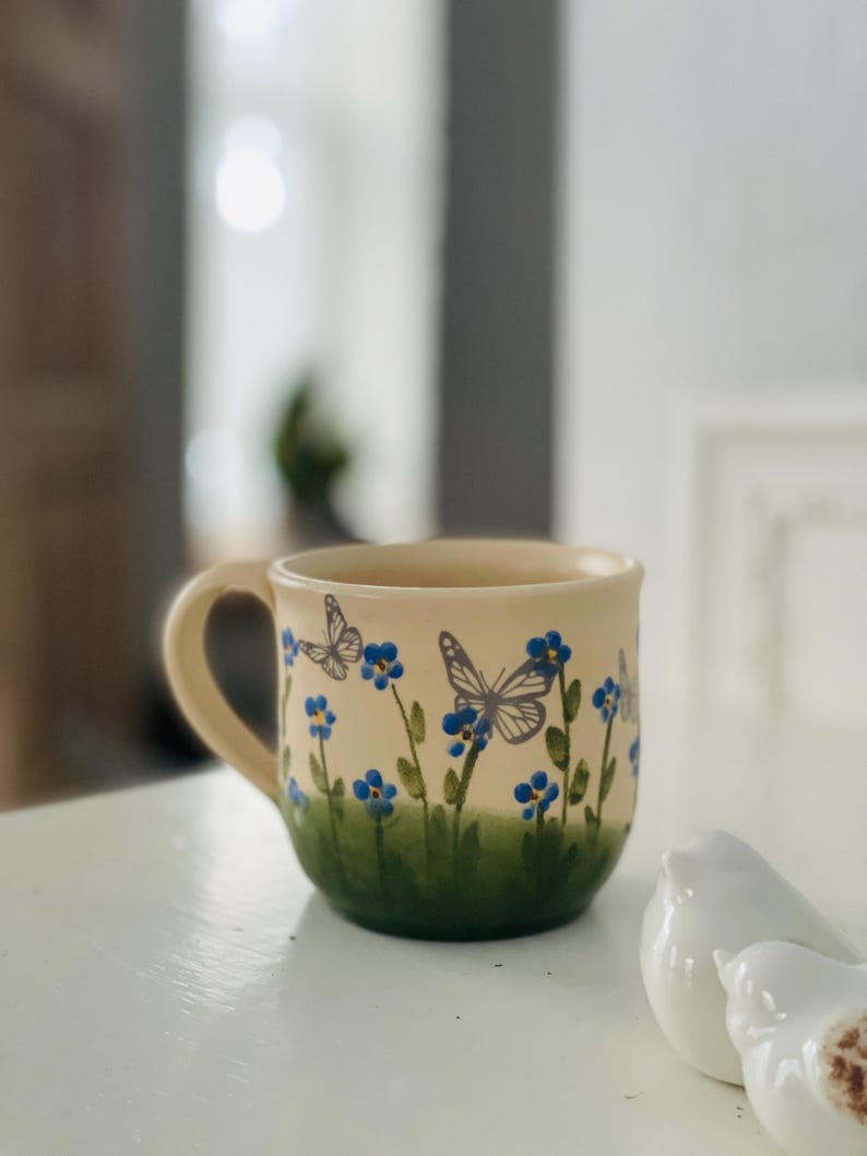 forget me not mug, forget me not pottery mug, blue mug, small floers mug, flower mug