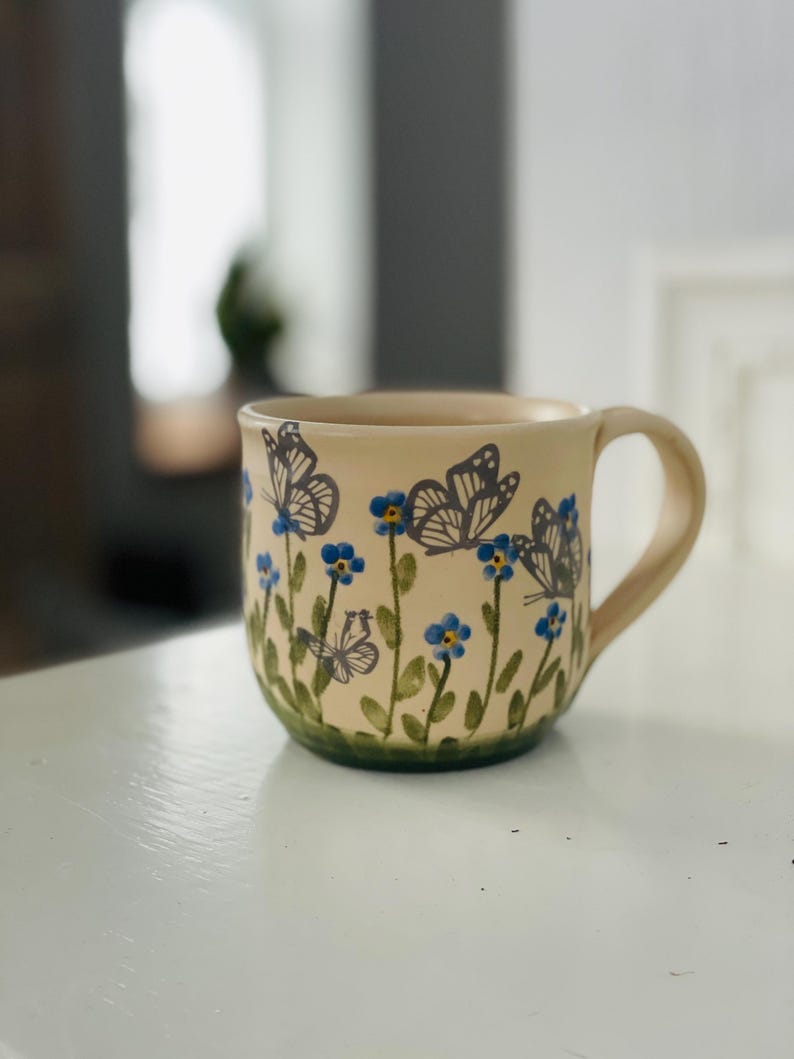 forget me not mug, forget me not pottery mug, blue mug, small floers mug, flower mug