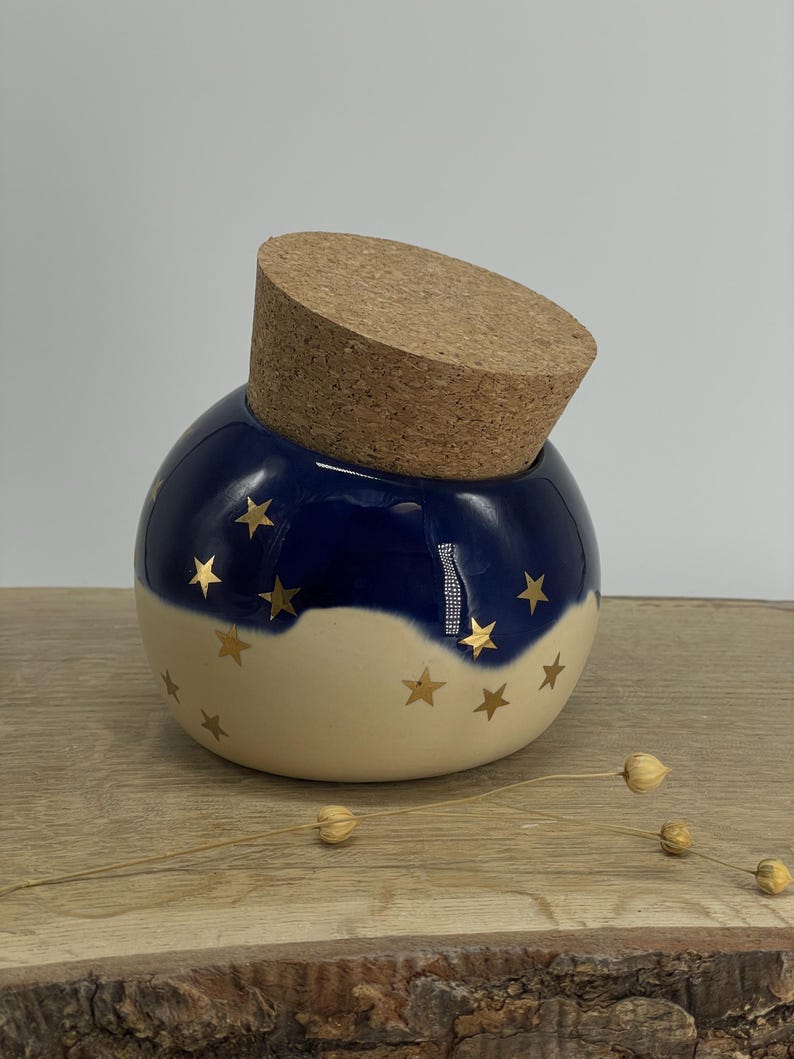 Salt pot, Salt Pig Salt keeper, ceramic cellar, golden stars