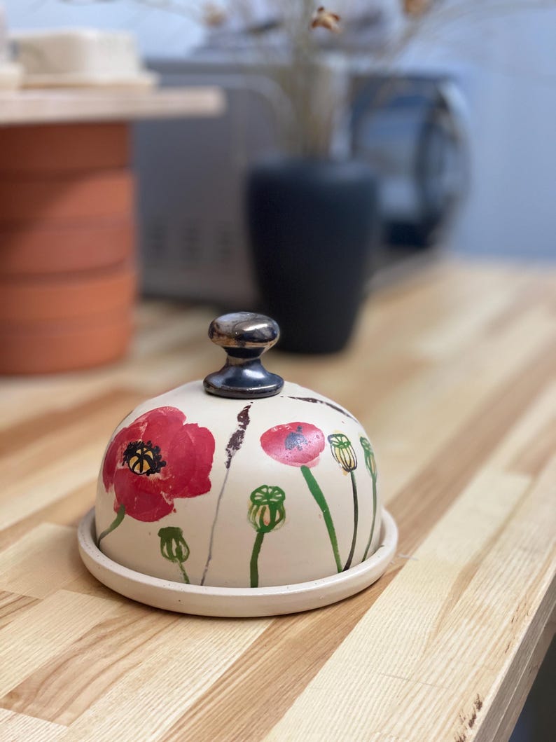 Butter dish, Butter keeper, ceramic butter dish, poppies butter keeper