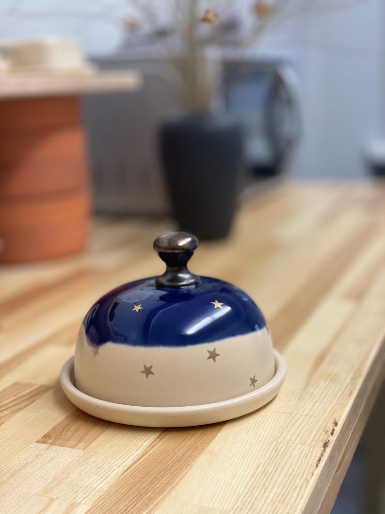 Butter dish, Butter keeper, ceramic butter dish, golden star, sky night