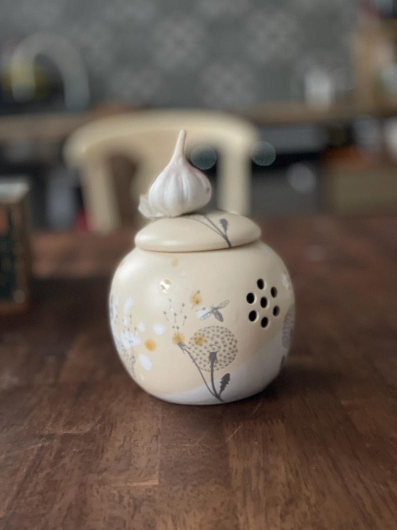 Garlic keeper, dandelion, onion storage, Garlic jar, pottery garlic keeper,