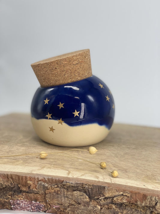 Salt pot, Salt Pig Salt keeper, ceramic cellar, golden stars