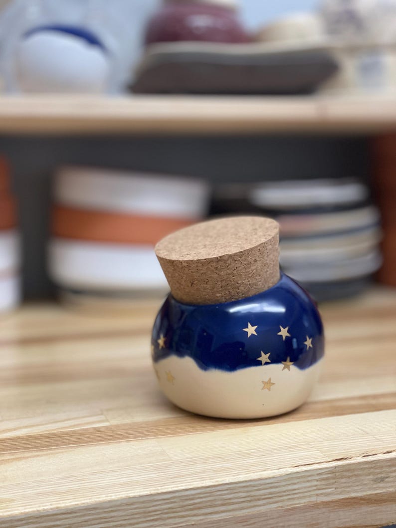 Salt pot, Salt Pig Salt keeper, ceramic cellar, golden stars