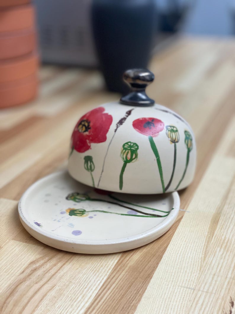 Butter dish, Butter keeper, ceramic butter dish, poppies butter keeper