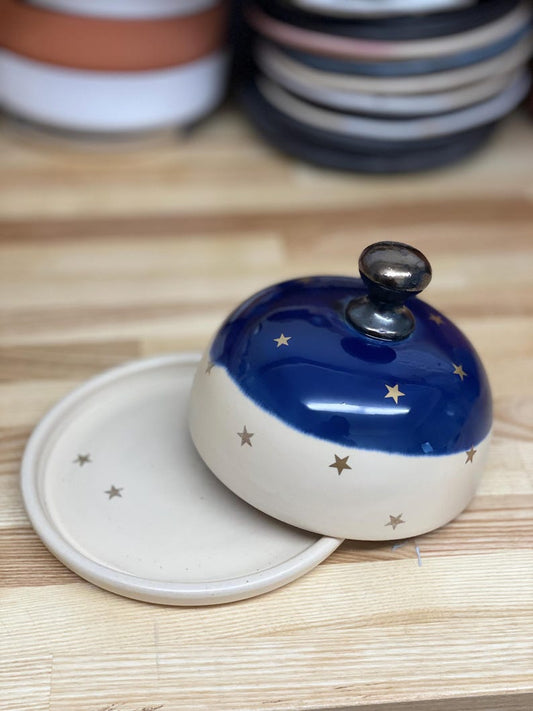 Butter dish, Butter keeper, ceramic butter dish, golden star, sky night