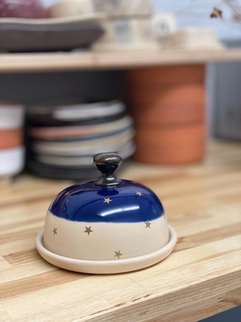Butter dish, Butter keeper, ceramic butter dish, golden star, sky night