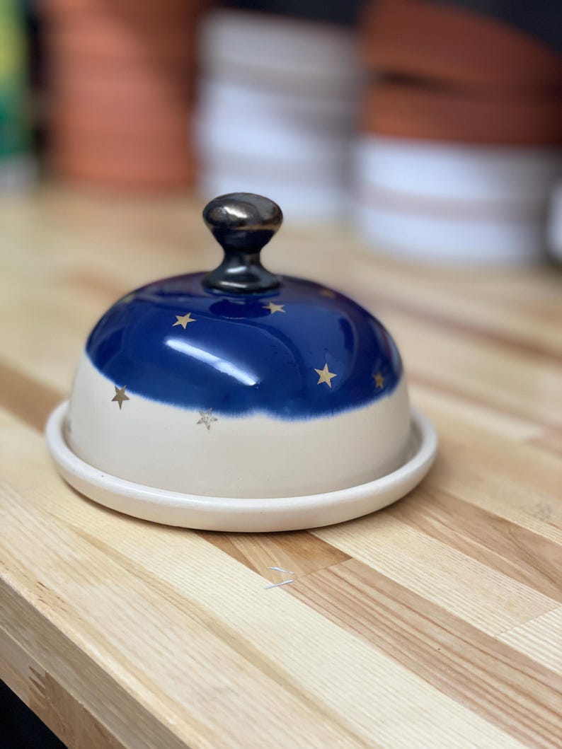 Butter dish, Butter keeper, ceramic butter dish, golden star, sky night