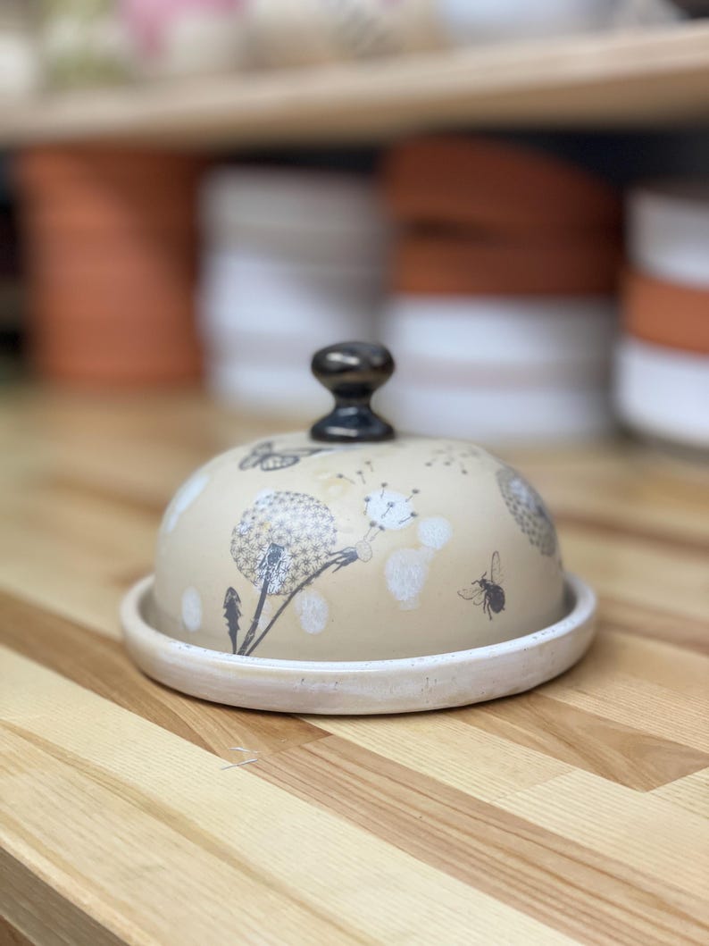 Dandelion Butter dish, Butter keeper, pottery butter dish, floral butter dish, pottery butter keeper