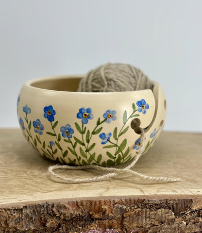 Pottery yarn bowl, pottery knitting bowl, ceramic yarn bowl, forget me nots, small blue flowers