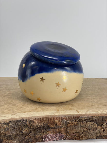 Garlic pot, salt pot, pottery, golden stars, blue night sky