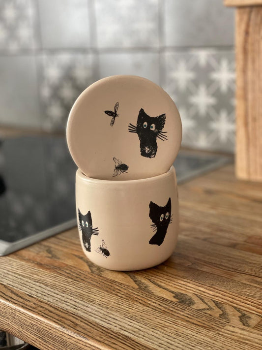 French butter crock, funny pottery, black cat, gift for chef