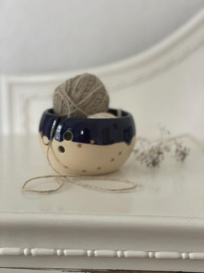 Pottery yarn bowl, pottery knitting bowl, ceramic yarn bowl, star blue night