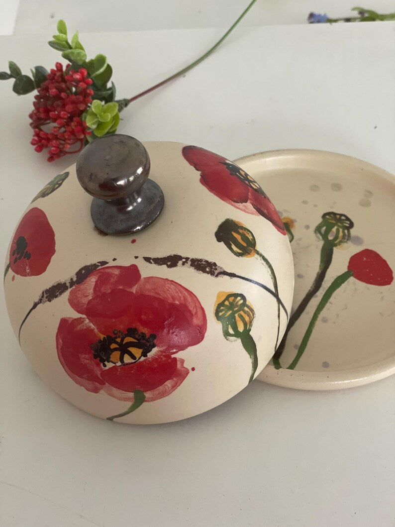 Butter dish, Butter keeper, ceramic butter dish, poppies butter keeper