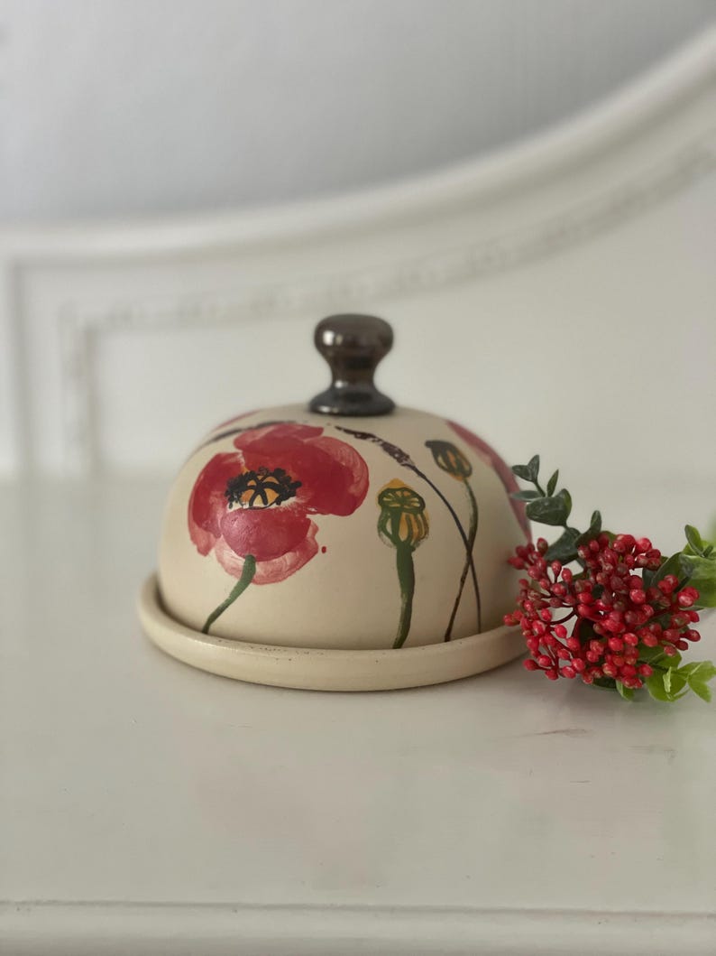 Butter dish, Butter keeper, ceramic butter dish, poppies butter keeper