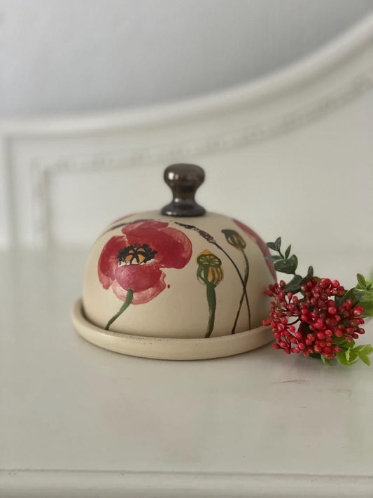 Butter dish, Butter keeper, ceramic butter dish, poppies butter keeper