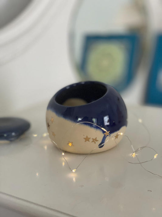 Garlic pot, salt pot, pottery, golden stars, blue night sky