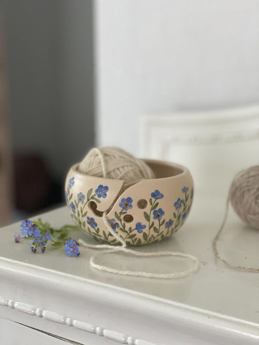 Pottery yarn bowl, pottery knitting bowl, ceramic yarn bowl, forget me nots, small blue flowers