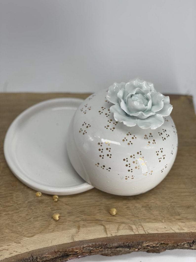 White butter dish golden dots white rose lid