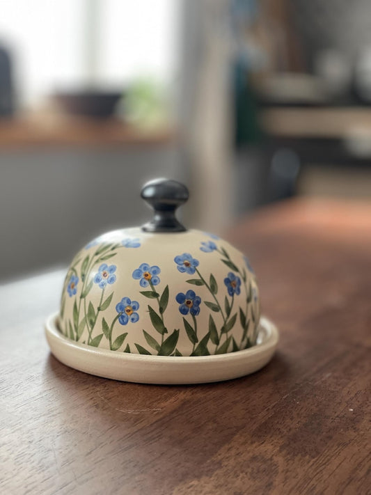 Forgetmenots Butter dish, forget me nots, small blue flowers Butter keeper, pottery butter dish, floral butter dish, pottery butter keeper