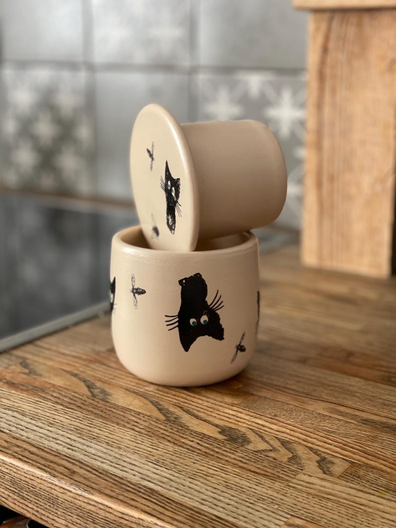 French butter crock, funny pottery, black cat, gift for chef