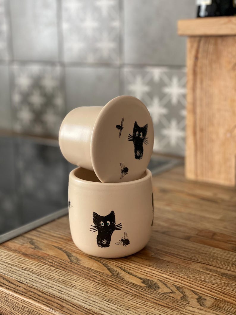 French butter crock, funny pottery, black cat, gift for chef