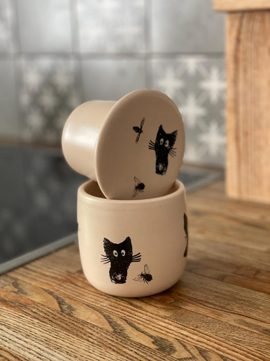French butter crock, funny pottery, black cat, gift for chef