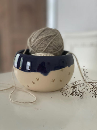 Pottery yarn bowl, pottery knitting bowl, ceramic yarn bowl, star blue night